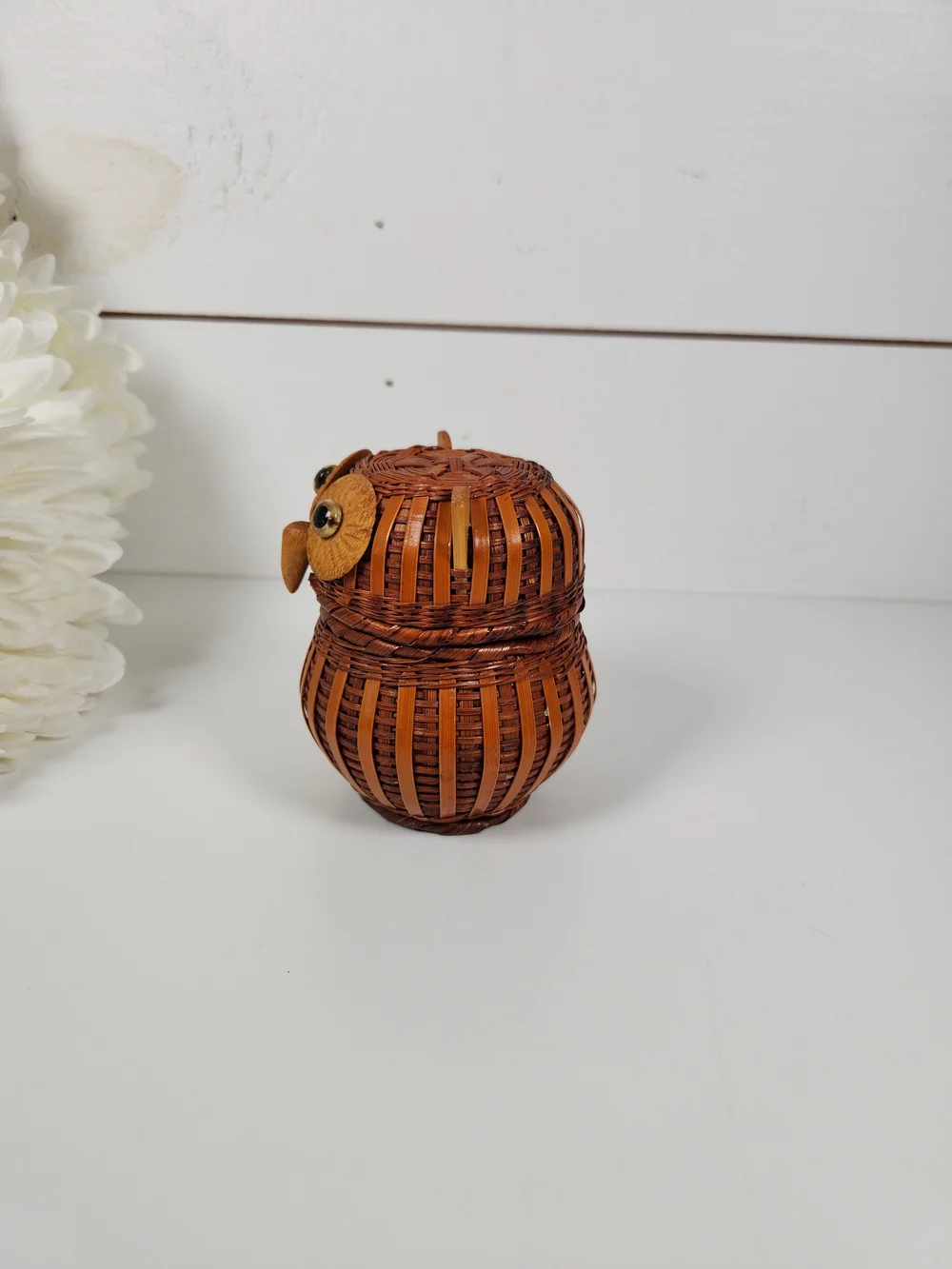 Vintage Wicker Owl Lidded Basket | Mid Century Owl Trinket Box